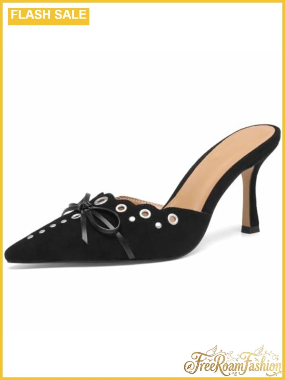 Kitten Heels Pointed Toe Studded Slip On Bow Mules Faux Suede Heels